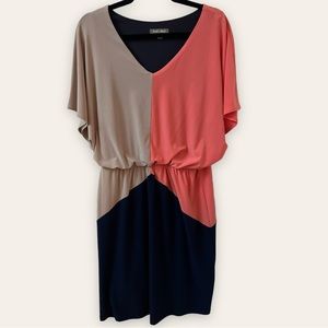 ROZ & ALI - Coral & Navy & Beige Jersey Colour Block Short Sleeve Dress